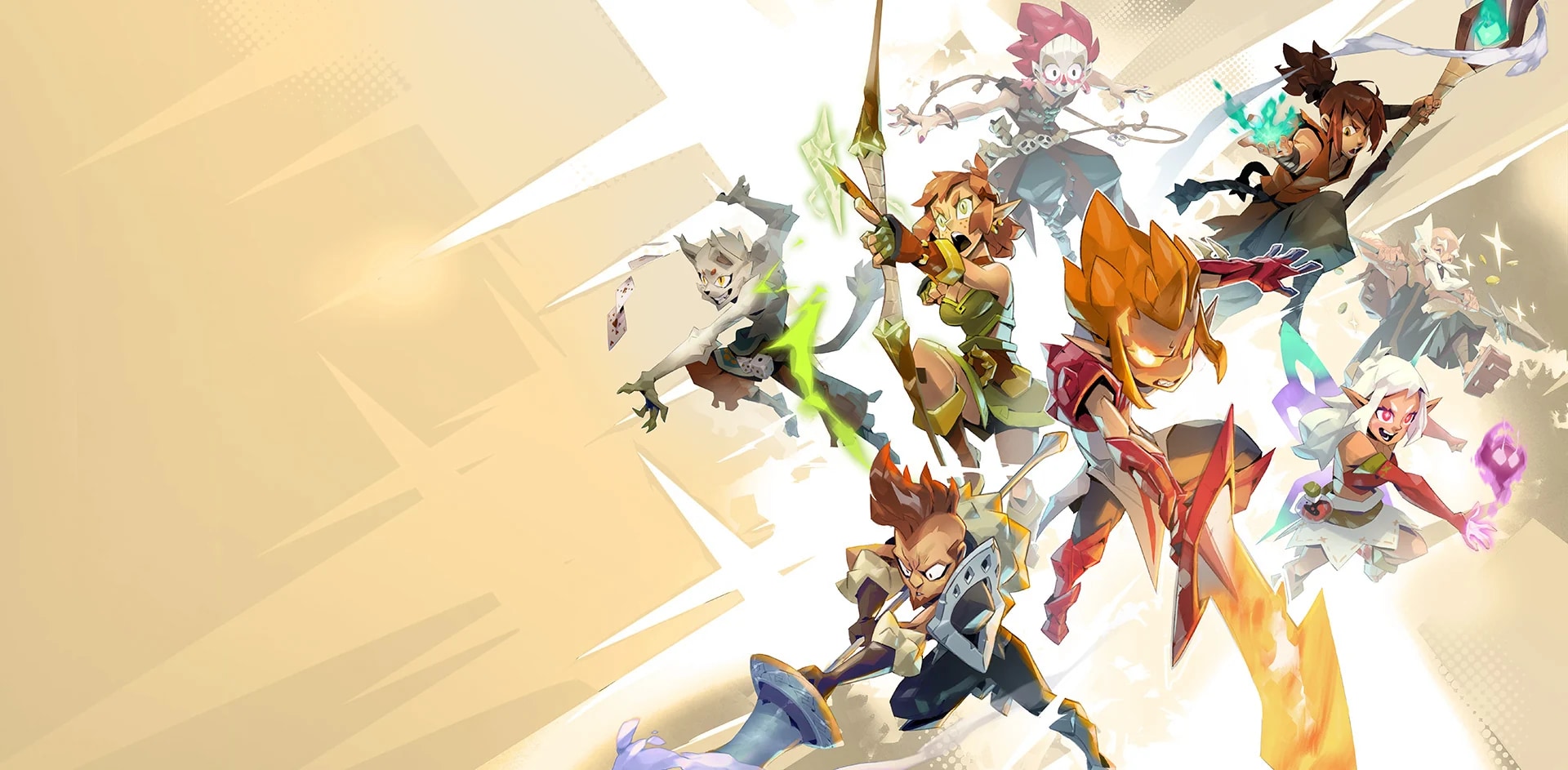 Illustration d'Ankama : des personnages de Dofus de plusieurs classes s'élancent, armes en main, sur un fond clair