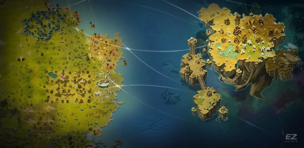 Illustration : la carte d'Astrub à gauche et l'île flottante d'Incarnam à droite, séparées par la mer