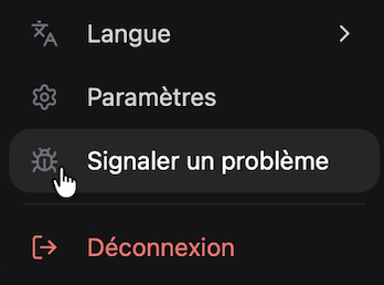 Le menu du portrait dans EZGather, avec l'entrée « Signaler un problème ».