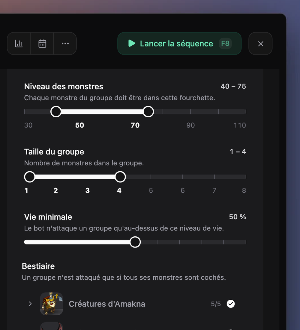 Les réglages de la rangée Combat dans EZGather : niveau des monstres, taille du groupe, vie minimale et bestiaire