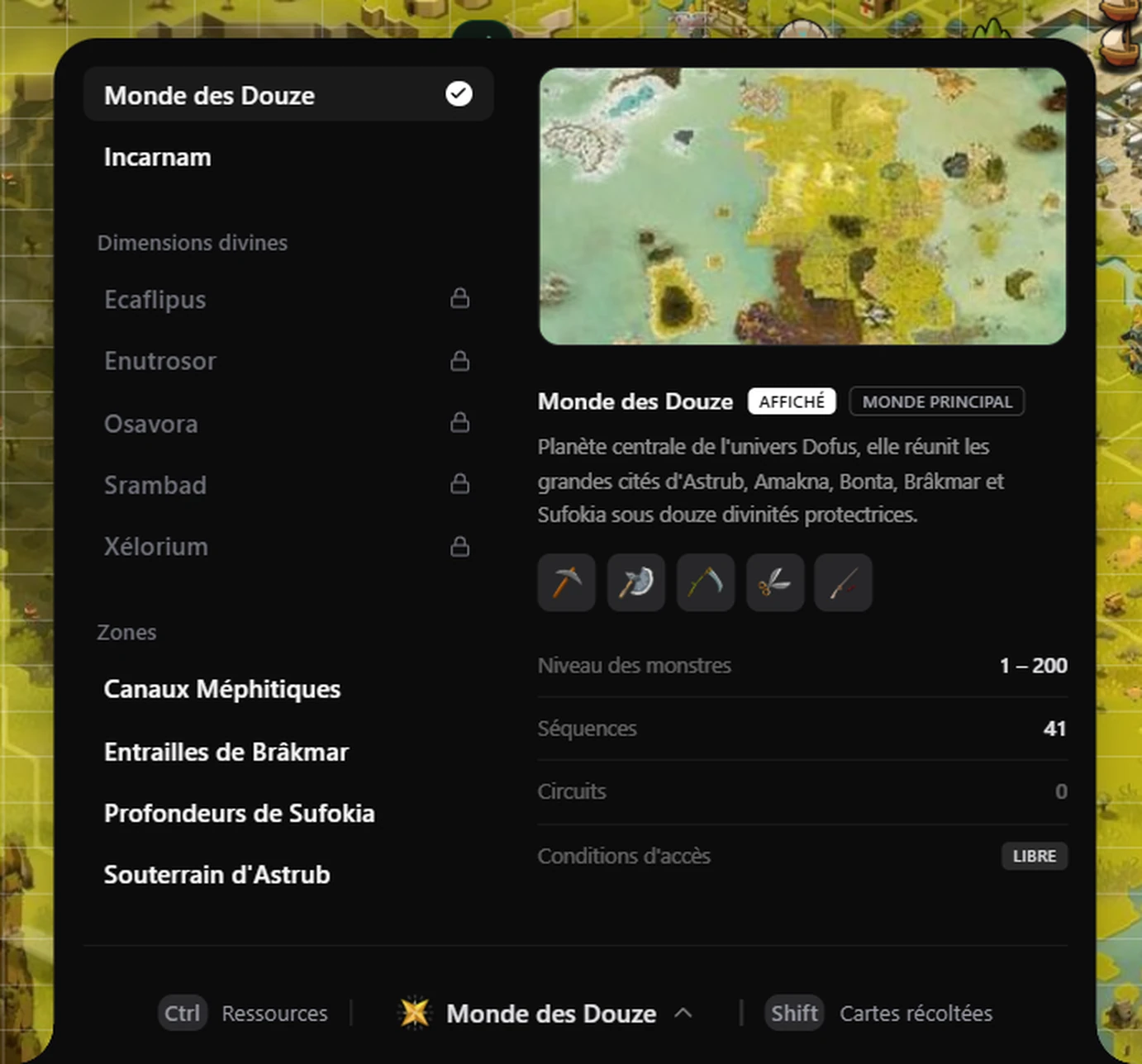 Le panneau de sélection des mondes d'EZ Gather : le Monde des Douze et Incarnam, puis les zones Canaux Méphitiques, Entrailles de Brâkmar, Profondeurs de Sufokia et Souterrain d'Astrub, avec pour chacune ses métiers de récolte et le niveau de ses monstres.